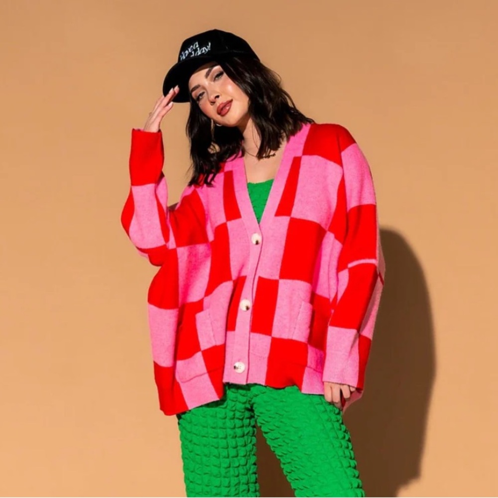 dressed in lala pink and red checkered cardigan!